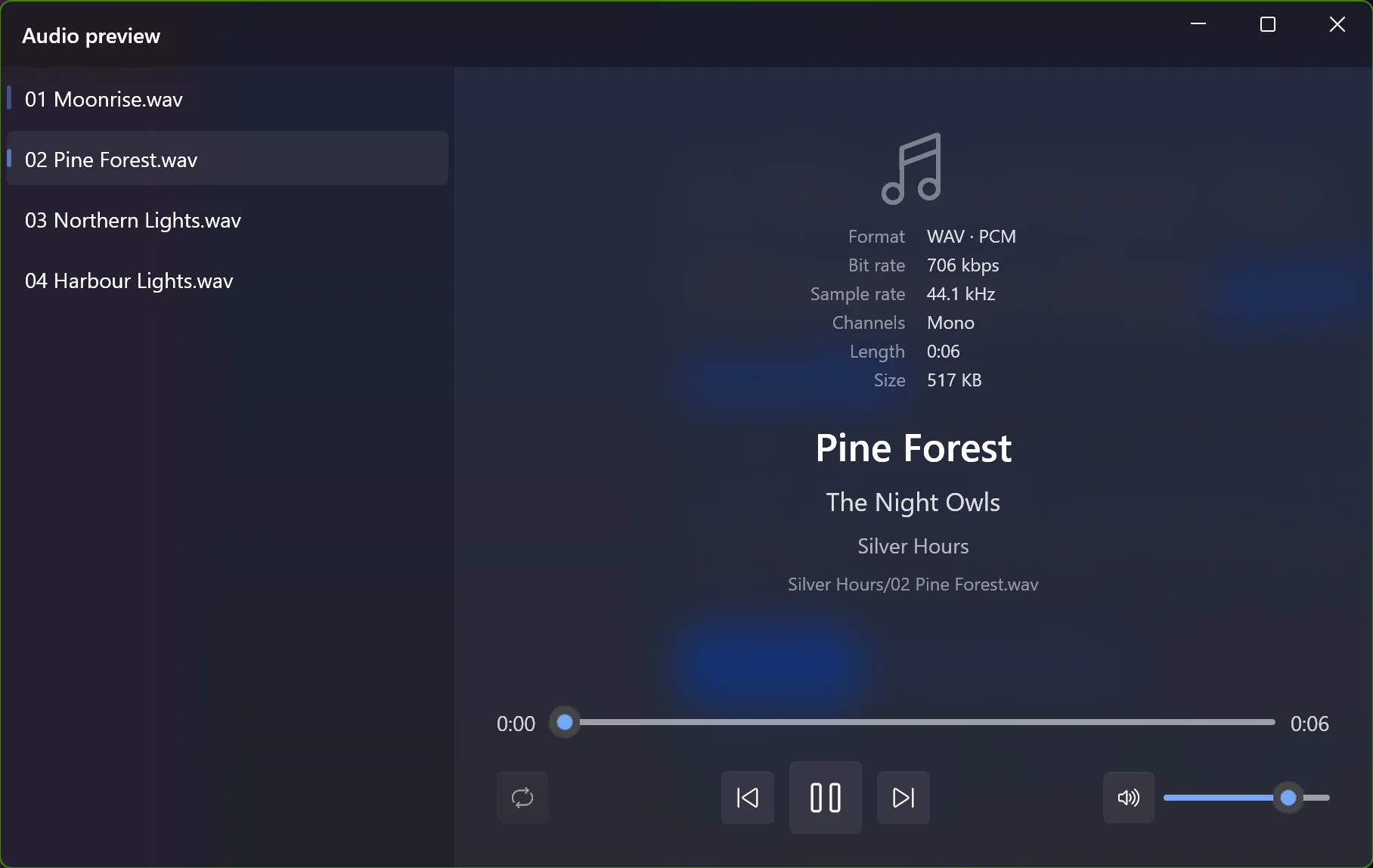 The audio preview window with a playlist, the title, artist and format of the song, and the player controls
