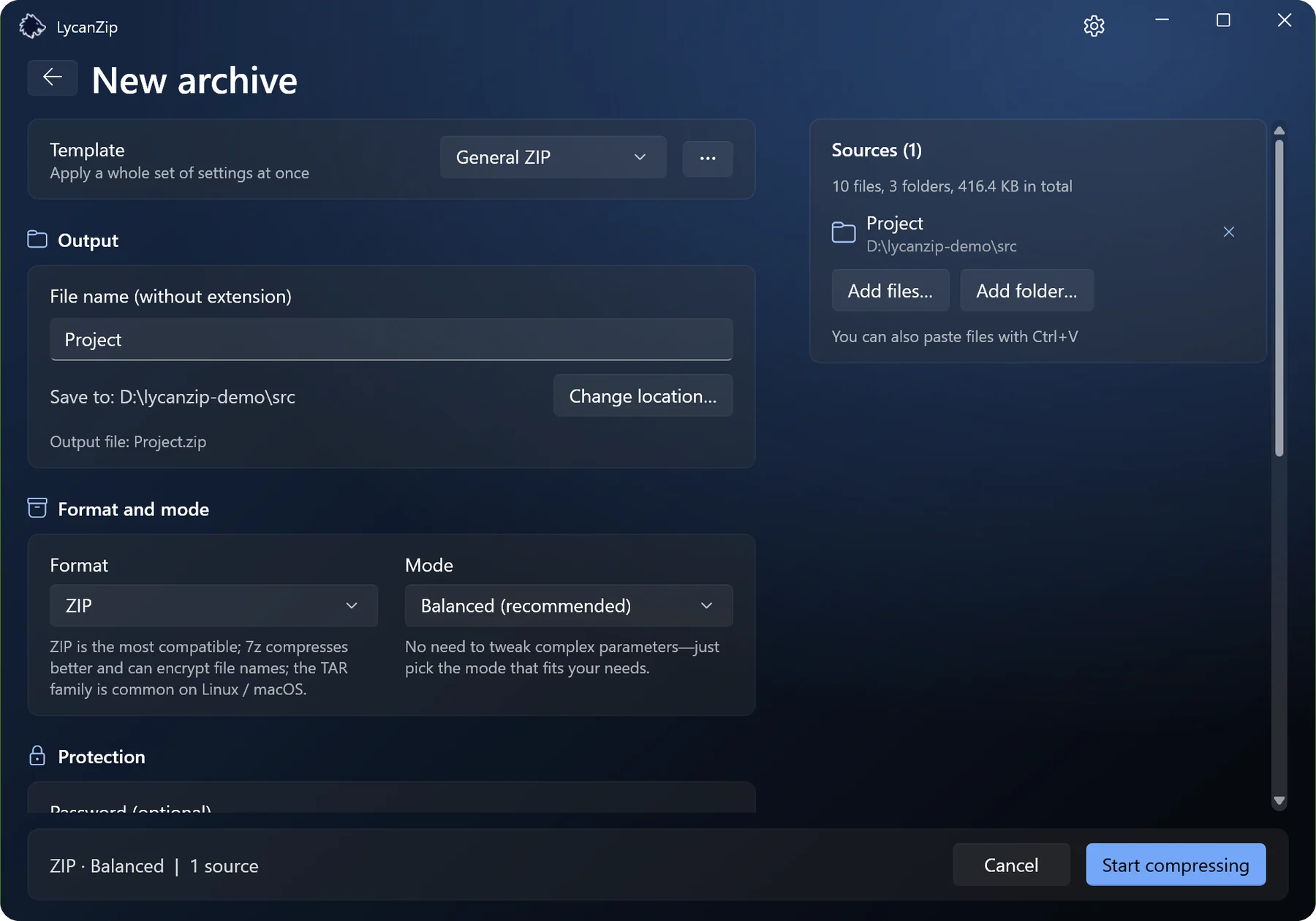 The New archive page with format, mode and protection settings