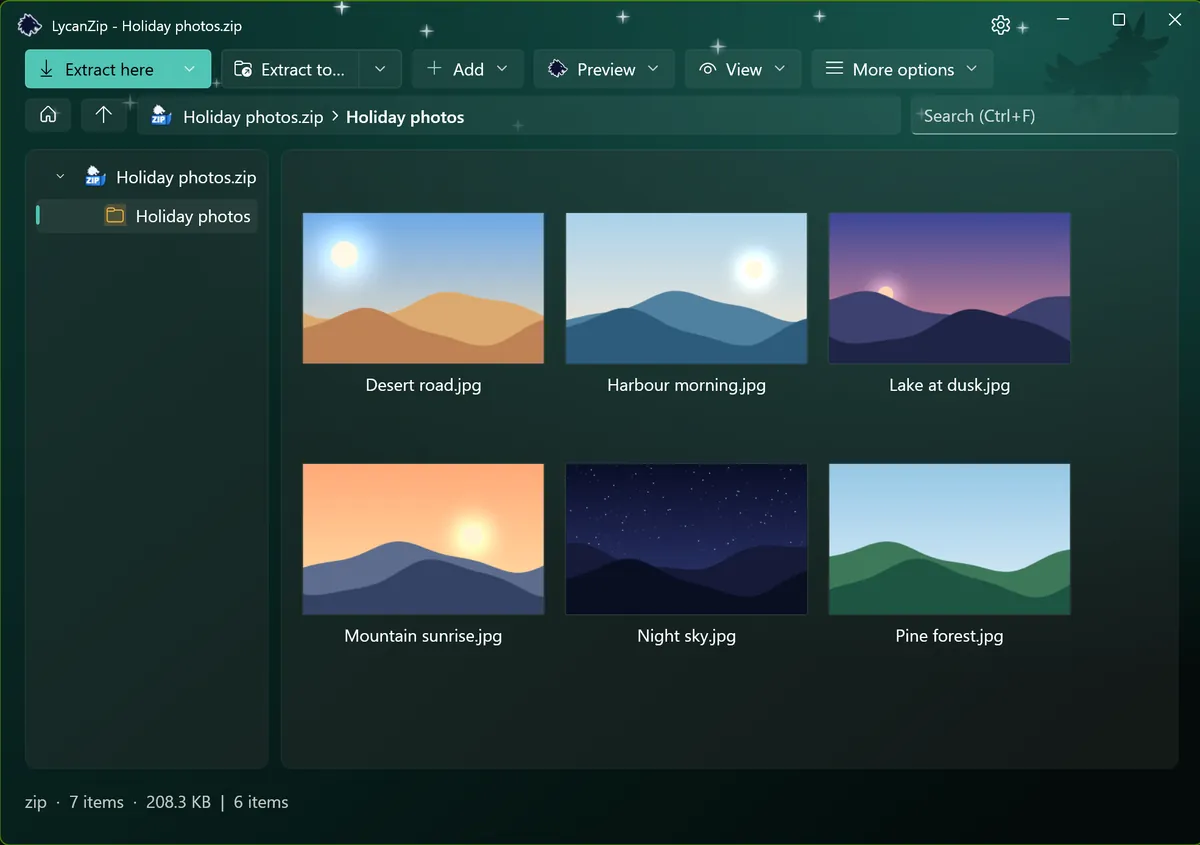 LycanZip in the dark theme with the Aurora accent