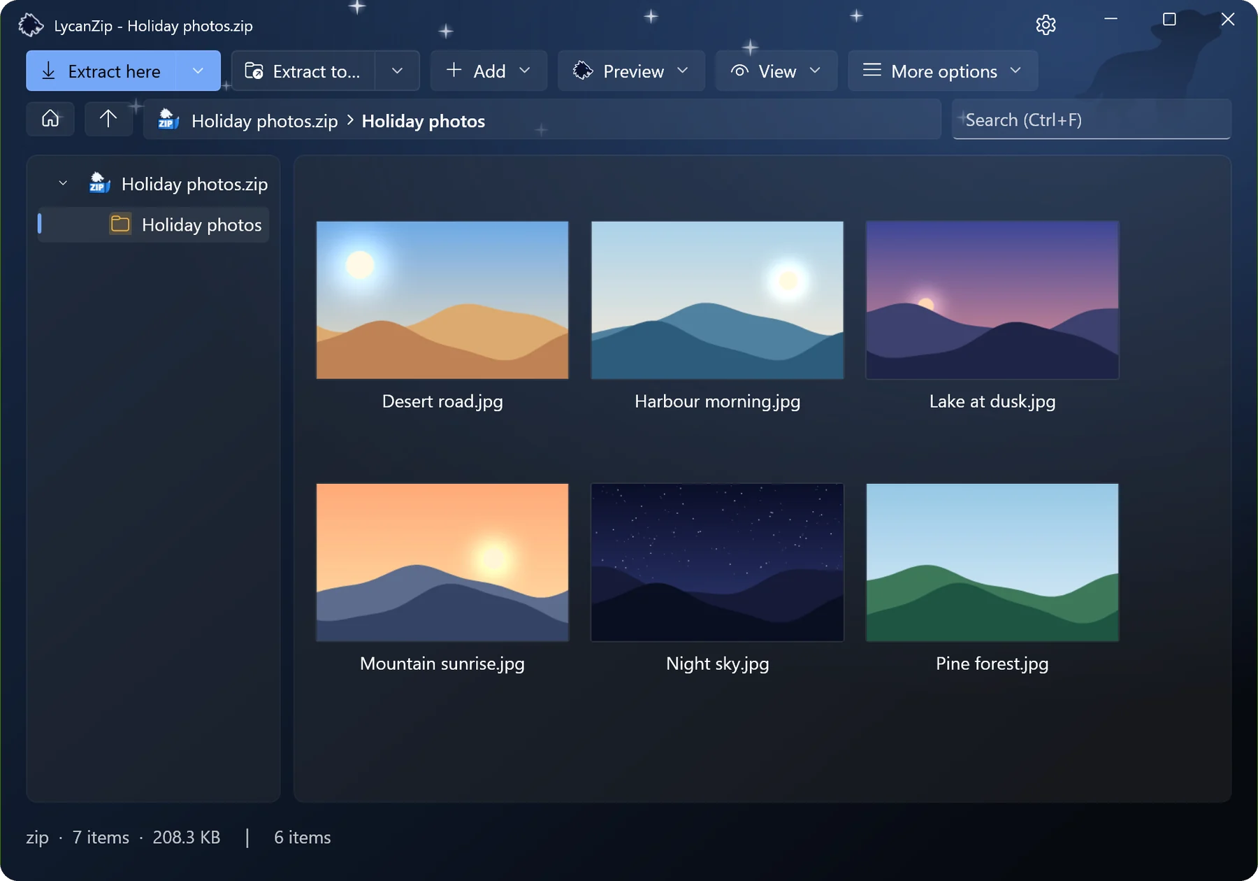 LycanZip showing the pictures of a zip archive as thumbnails next to a folder tree